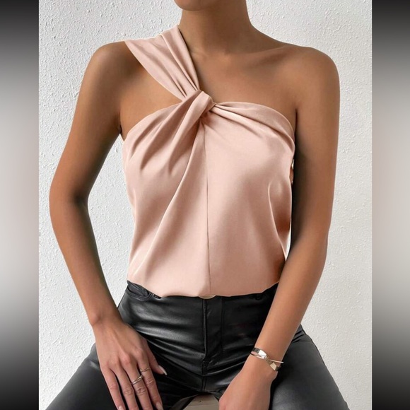 Luxe one shoulder twist front satin blouse - Picture 1 of 15